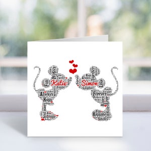 Personalised Mickey And Minnie Card - Custom Word Art Card - Valentines, Anniversary, Wedding Cards - For Him, Her, Couples - Gay, Lesbian