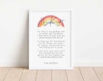 Personalised Rainbow Poem Print - Thank You, Leaving, End Of Year Gifts - For Child Minder, Pre School, Nursery Teacher, Teaching Assistant