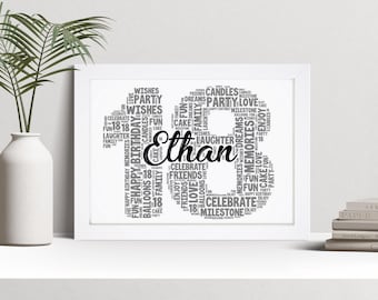 Personalised 18th Word Art Print, Custom Wall Art Framed Picture Birthday Gift, For Him, Her, Girl, Boy, Son, Daughter, Friend NL