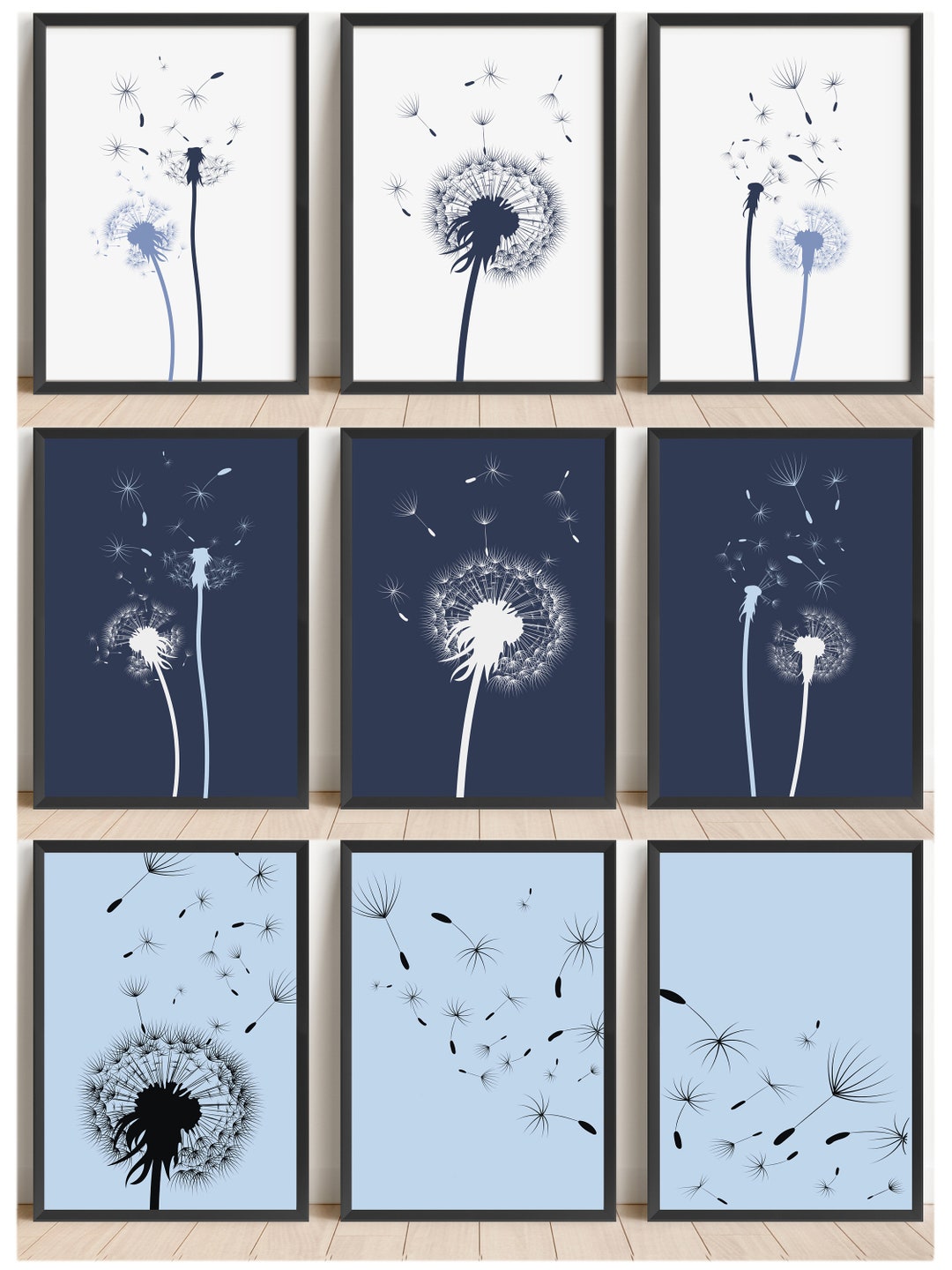 Printable Set of 3 Dandelion Wall Art Prints, Blue Décor, Minimalistic