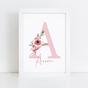 Personalised Pink Floral Initial Print - Custom Name Wall Art - Home Decor Birthday Gifts - For Her, Women, Girls Bedroom - Baby Nursery