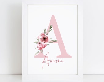 Personalised Pink Floral Initial Print - Custom Name Wall Art - Home Decor Birthday Gifts - For Her, Women, Girls Bedroom - Baby Nursery