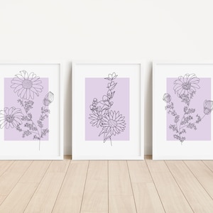 Set of 3 Abstract Floral Wall Art Prints,  Purple, Lilac Minimalistic Boho, Home Décor Poster