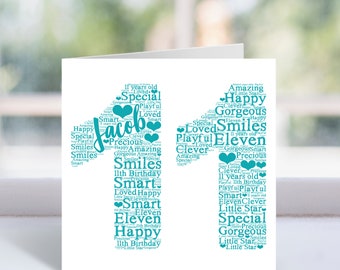 Personalised 11th Birthday Word Art Card - Age 11 Year Old - Childrens Keepsake Card - For Boys, Girls, Kids - Son, Daughter