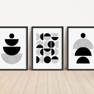 Set di 3 stampe artistiche da parete con forme geometriche - Poster moderno di metà secolo, minimalista e astratto in bianco e nero per decorazioni per la casa