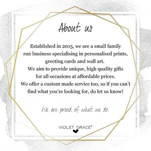 May include: A gold geometric frame with the text "About us" and a description of a small family-run business specializing in personalized prints, greeting cards, and wall art. The text also states that they aim to provide unique, high-quality gifts for all occasions at affordable prices. The text ends with "We are proud of what we do." and the company name "VIOLET GRACE&reg;".