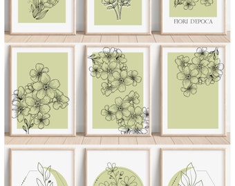 Set of 3 Green Boho Floral Wall Art Prints,  Green Minimalistic Flower Art, Home Décor A5 A4 A3 Poster