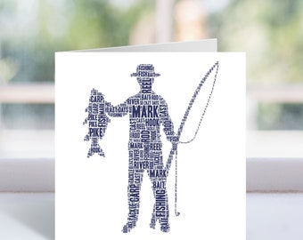 Personalised Fisherman Word Art Card - Fishing Themed Birthday Card - For Him, Mens, Boys - Dad, Son, Husband, Grandad