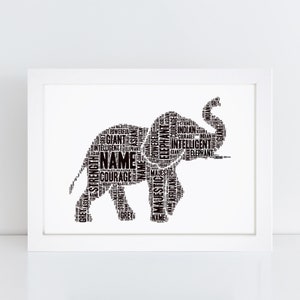 Personalised Elephant Print  - Custom Typography Word Art - Home Wall Decor Poster Framed Picture