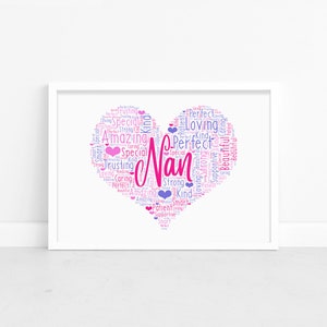 Personalised Nan Word Art Print - Custom Wall Art Frame - Birthday Gifts For Nanny, Gran, Grandma