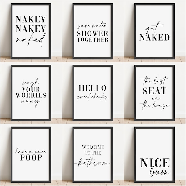 Set of 9 Bathroom Digital Prints, Printable Bathroom, Shower Room Art Prints, Unframed Bathroom Poster - Printable Toilet Décor