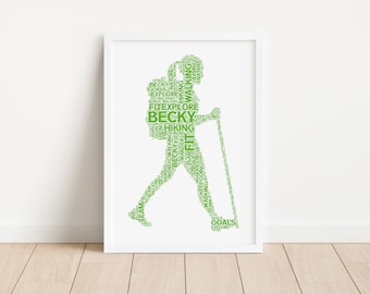 Personalised Female Hiker Print - Custom Word Wall Art Frame - Birthday, Christmas Gifts For Her, Women - Hiking, Walking Word Picture