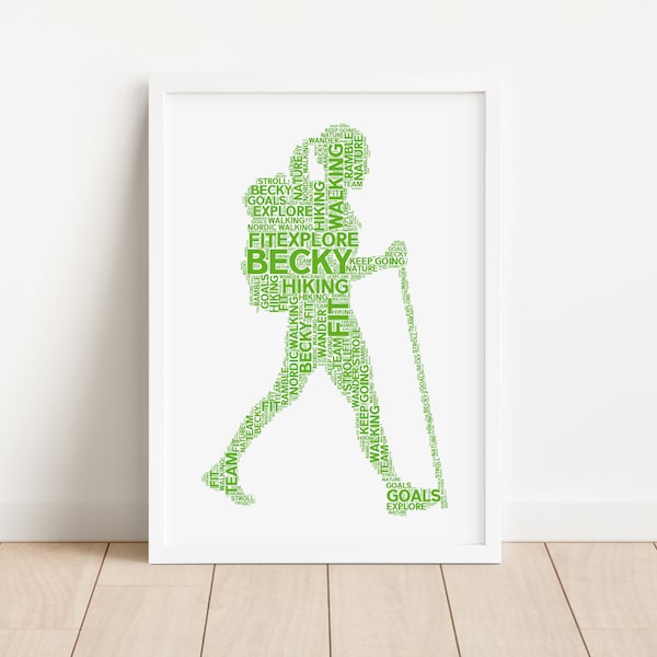 Personalised Female Hiker Print - Custom Word Wall Art Frame - Birthday, Christmas Gifts For Her, Women - Hiking, Walking Word Picture