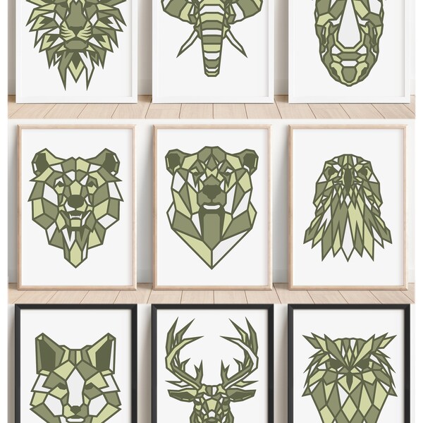 Set of 3 Green Polygon Animal Wall Art Prints,  Green Geometric Animals Art, Home Décor A5 A4 A3 Poster