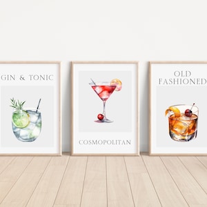 3er-Set Aquarell Cocktail Prints, Alkohol Thema Wand Kunst Drucke, Ungerahmt Küche, Home Décor - A5 A4 A3 Gin, Cocktail Wandkunst