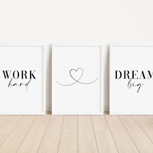 Set of 3 Home Office Prints, Work Hard - Dream Big Wall Art Prints, Unframed Home Office Poster - Home Décor, Black and White Print