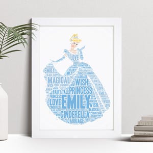 Personalised Cinderella Word Art Print, Princess Custom Wall Art Decor, Framed Picture Gift, Present For Kids, Children NL