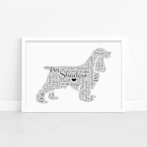 Impresión personalizada de Cocker Spaniel - Marco con texto personalizado - Regalos conmemorativos - Para él, ella, hombres, mujeres - Amante de los perros, dueño