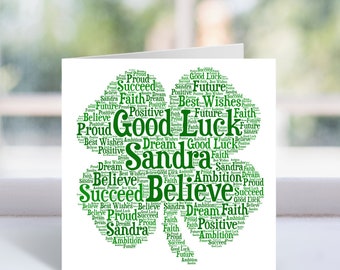 Personalised Good Luck Card - Word Art Card - Leaving, New Job Card - For Him, Her, Men, Women, Friend, Colleague - Shamrock, Clover