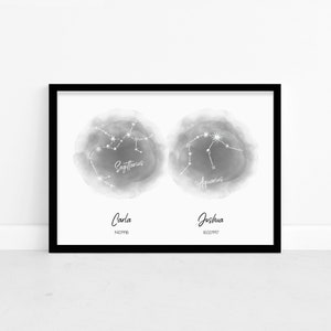 Personalised Couples Zodiac Star Sign Print - Custom Watercolour Constellation Wall Art Decor - Wedding, Anniversary, Husband, Wife Gift