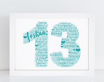 Personalised 13th Birthday Print - Custom Word Wall Art - Age 13 Year Old - Childrens Teenager Gift - For Boys, Girls, Kids - Son, Daughter