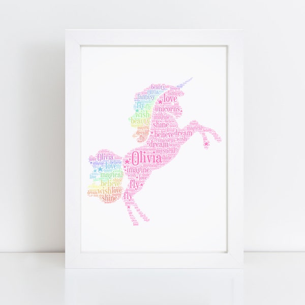 Personalised Rainbow Unicorn Print - Custom Name Word Wall Art Frame - Birthday Present Gift Ideas - For Girls, Kids, Teenagers