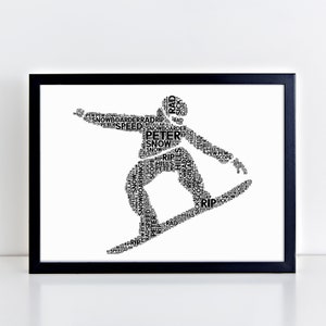 Personalised Snowboarder Print - Custom Word Wall Art Frame - Birthday, Christmas Gifts For Him, Men - Snowboarding Themed Print