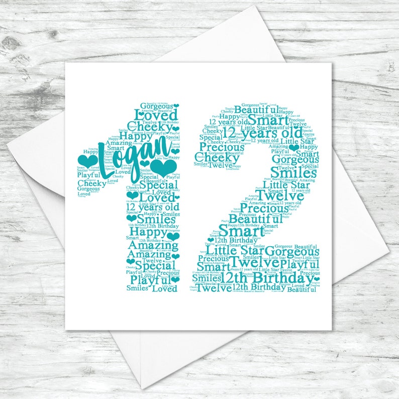 May include: A teal blue word cloud card with the name Logan in the center. The word cloud is shaped like the number 12 and includes words like "Happy", "Loved", "Special", "Amazing", "Playful", "Smart", "Precious", "Twelve", and "Birthday".