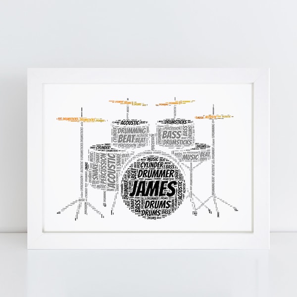 Personalised Drum Kit Print - Custom Word Wall Art Prints - Drummer, Musician, Music Teacher Gifts - For Him, Her - Men, Women, Girls, Boys