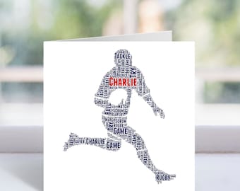 Personalised Rugby Player Custom Word Art Card - Rugby Themed Birthday Card - For Him, Men, Boys, Kids - Dad, Son, Brother, Husband