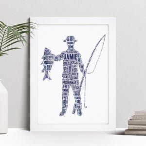Gepersonaliseerde woordkunstdruk visser, viscadeau, ingelijste afbeelding aangepaste kunst aan de muur, cadeau voor hem, heren