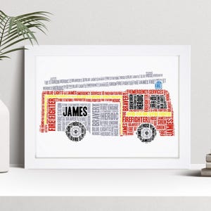 Personalised Fire Engine Word Art Print, Firefighter Gift, Custom Wall Art Framed Picture, Present For Men, Women NL