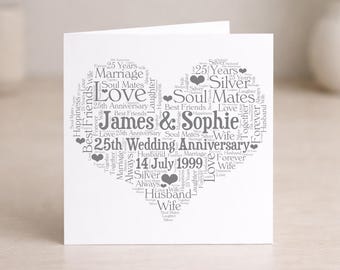 Personalised 25th Anniversary Heart Card, Custom Word Art For Husband, Wife, Couples NL