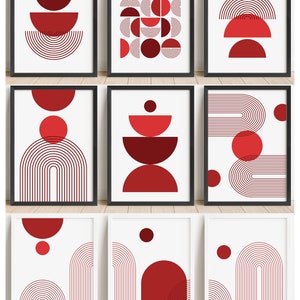 Set of 3 Geometric Shapes Wall Art Prints - Modern Mid Century, Red, Minimalistic, Abstract Home Décor Poster