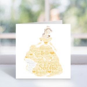 Personalised Belle Card - Beauty And The Beast, Princess Word Art - Birthday Card For Her, Women, Kids, Girls - Disney Inspired