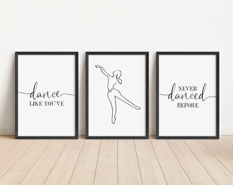 Set of 3 Ballet Dancer Prints, Dancing Quote Wall Art Prints, Unframed Dancer Artwork, Bedroom Home Décor -A5 A4 A3 Black And White Line Art