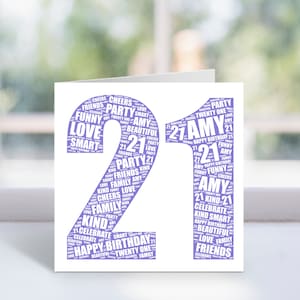 Cartão de arte personalizado com 21 palavras - Cartão de aniversário de 21 anos - Para ele, ela, menina, menino - lembrança - filha, filho