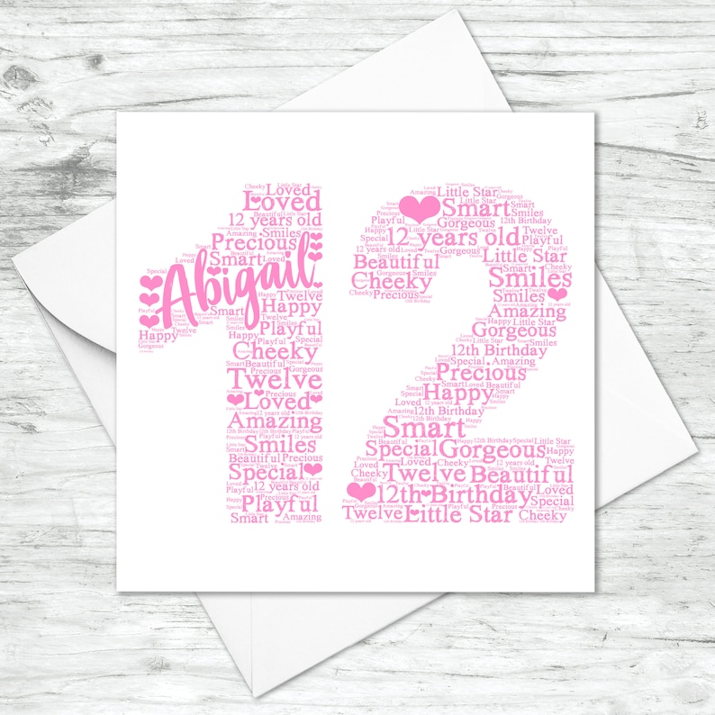 May include: Pink and white birthday card with the number 12 made of words. The words include "Happy", "Special", "Loved", "Playful", "Smart", "Amazing", "Precious", "Cheeky", "Gorgeous", "Smiles", "Twelve", and "Abigail".
