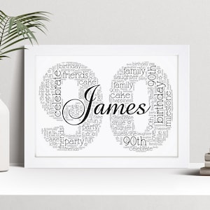 Impresión artística personalizada con la palabra "90.º cumpleaños", regalo de 90.º cumpleaños, cuadro enmarcado personalizado, regalo para él, ella, hombres y mujeres (NL)