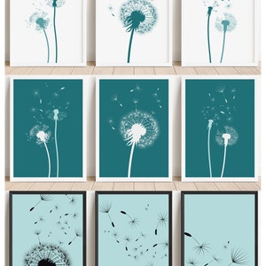 Printable Set of 3 Dandelion Wall Art Prints, Teal Décor, Minimalistic Boho, Digital Download Home Décor