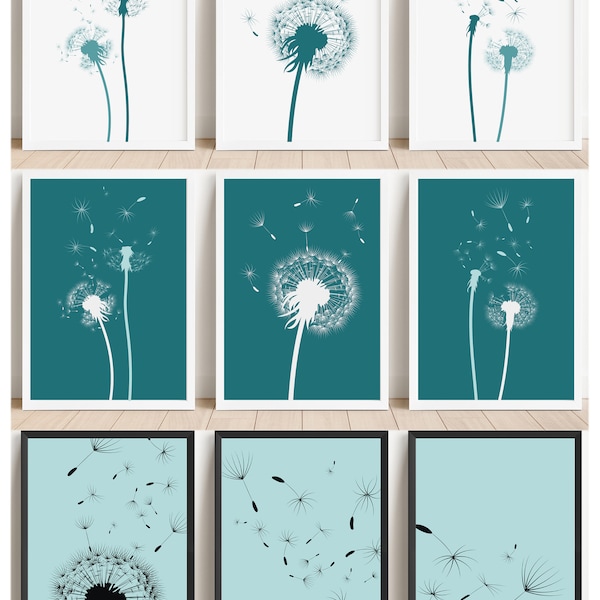 Printable Set of 3 Dandelion Wall Art Prints, Teal Décor, Minimalistic Boho, Digital Download Home Décor