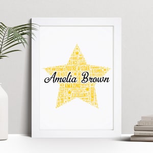 Personalised Star Word Art Print, Teacher Pupil Award Gift, Custom Wall Art Framed Picture, Present For Kids, Children NL