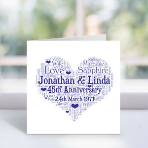 Personalisierte Herzkarte zum 45-jährigen Jubiläum - Benutzerdefinierte Wortkunst - Jubiläumskarte - Für Paare, Mama und Papa, Eltern, Saphir, Hochzeit