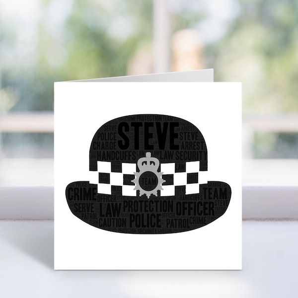 Personalised Police Officer Hat Card - Custom Word Art Card - Police Man, Police Woman - Retirement, Birthday