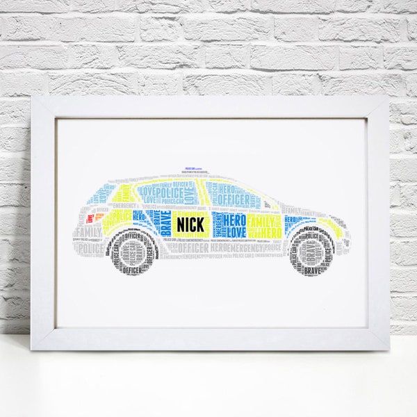 Personalised Police Car Print - Custom Word Wall Art - Police Vehicle, Policeman Birthday Gifts - For Him, Men, Boys, Kids - Dad, Son