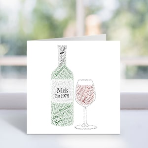Personalised Wine Bottle Word Art Card - Wine Themed Birthday Card - For Him, Her, Men, Women