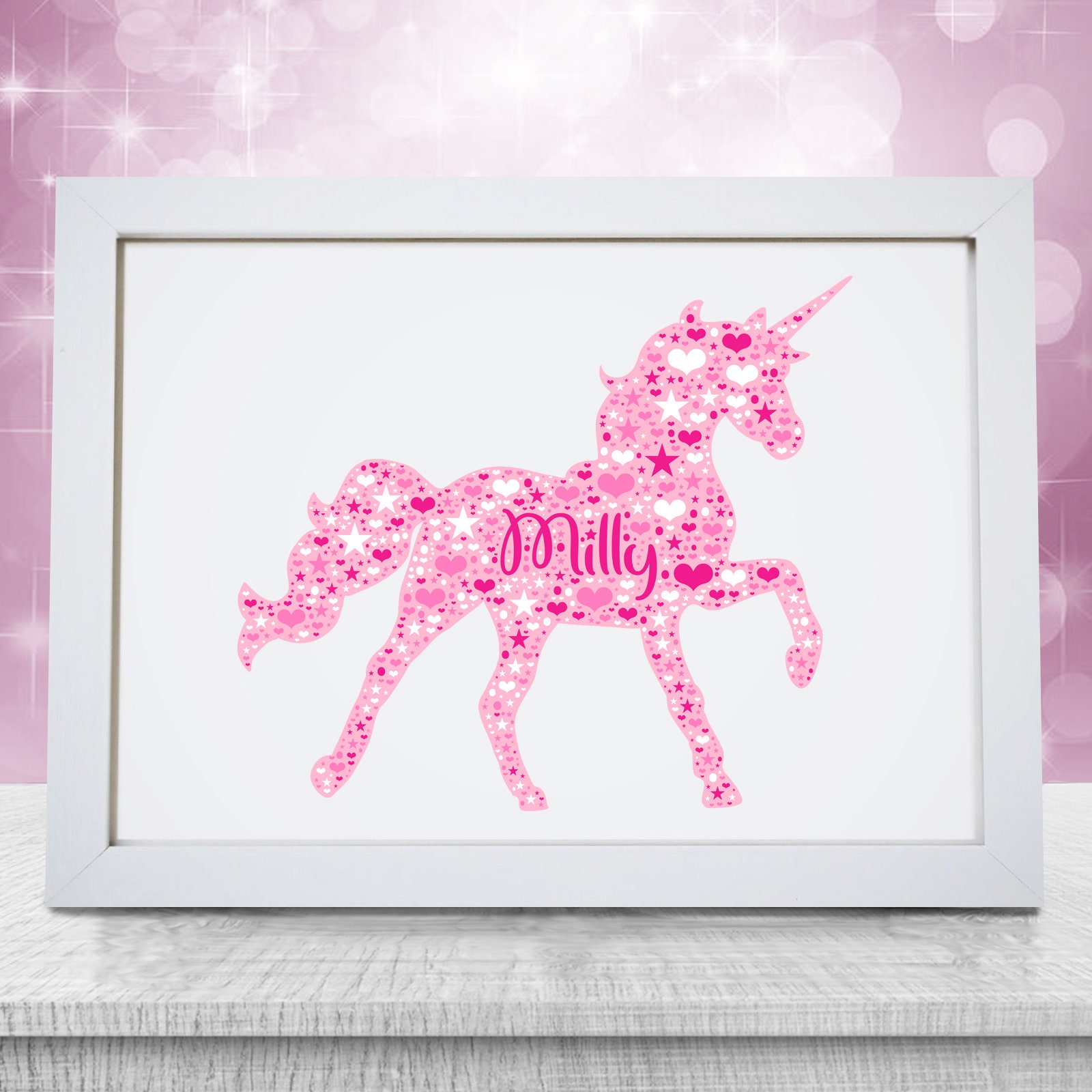 Personalised Unicorn Print wall Decor/Girls Poster Pink/ Name Gift/ Room Decor 