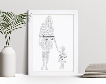 Personalised Mother And Child Word Art Print, Mother&#39;s Day Mum Gift, Custom Wall Art Framed Picture, Present For Mummy NL