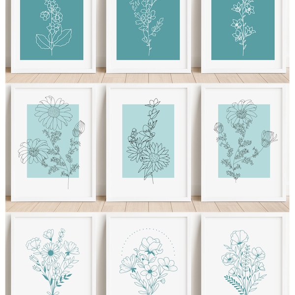 Set of 3 Abstract Floral Wall Art Prints,  Teal, Turquoise Minimalistic Boho, Home Décor Poster