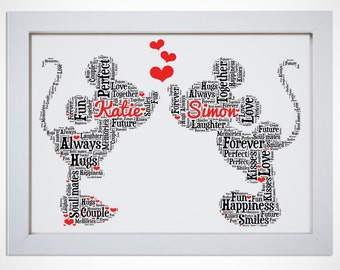 Personalised Mickey And Minnie Mouse In Love Word Art Picture Print Wall Art Wedding Gift